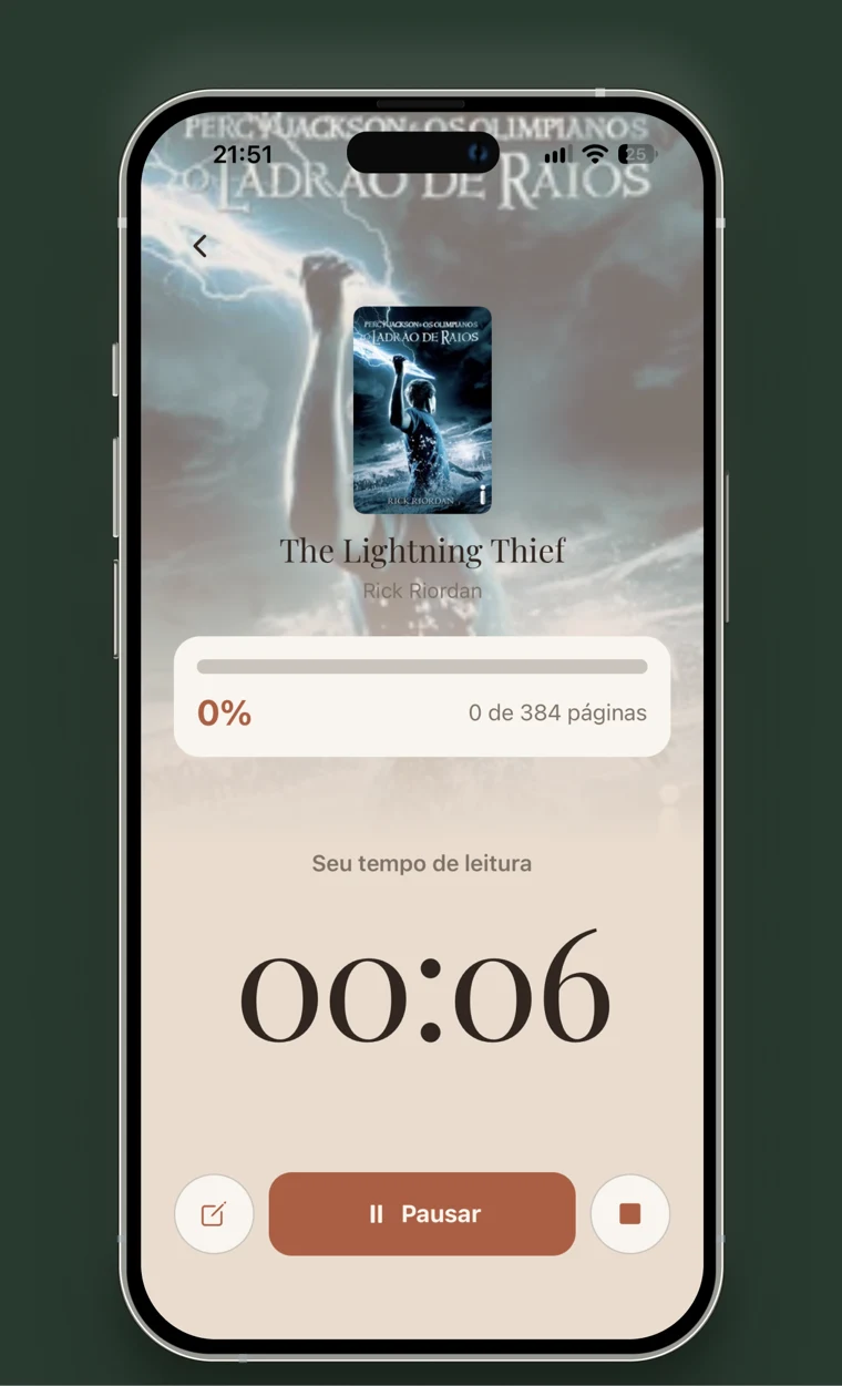 Tela de uma sessão de leitura no Nookly com cronômetro e capa do livro