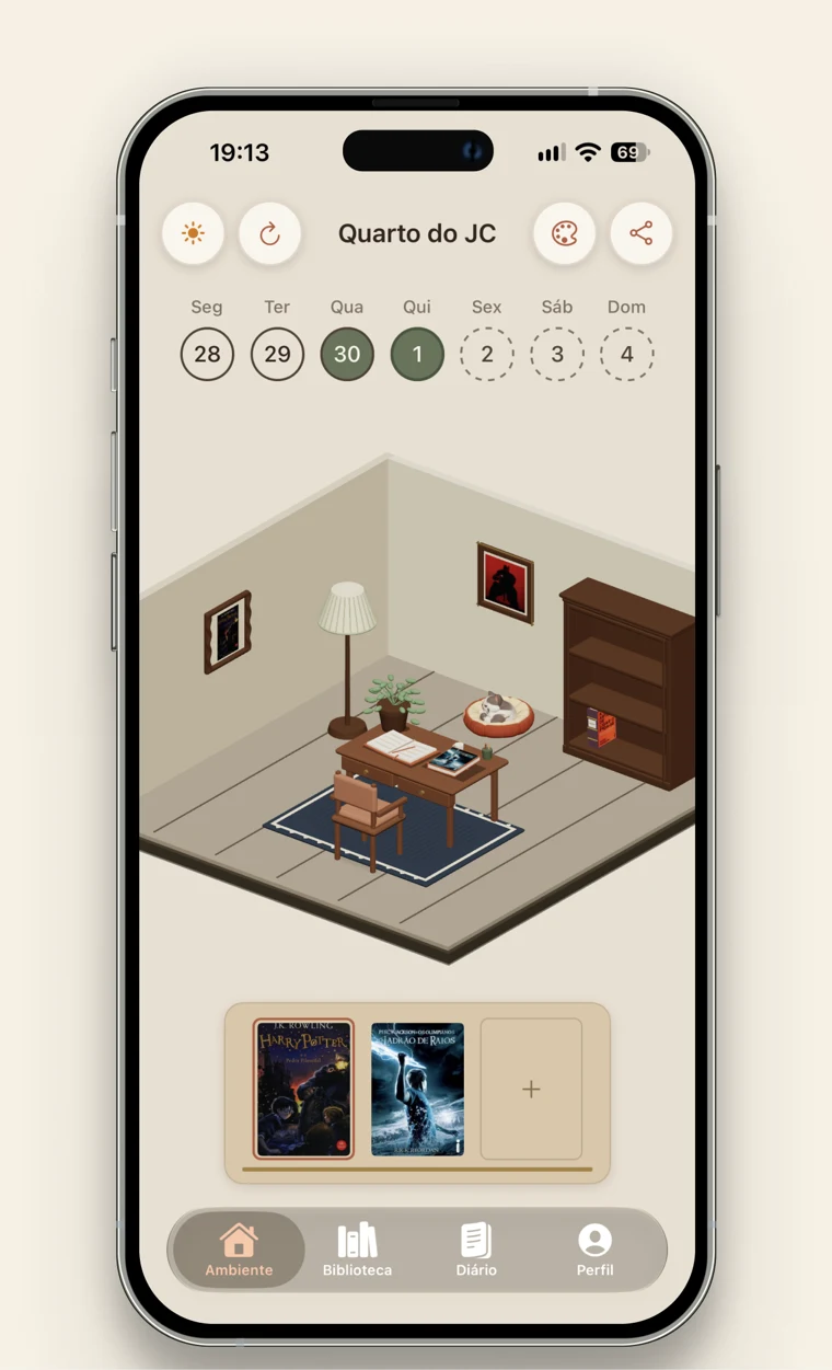 Sala virtual do Nookly com estante, livros, poltrona e controles de ambiente
